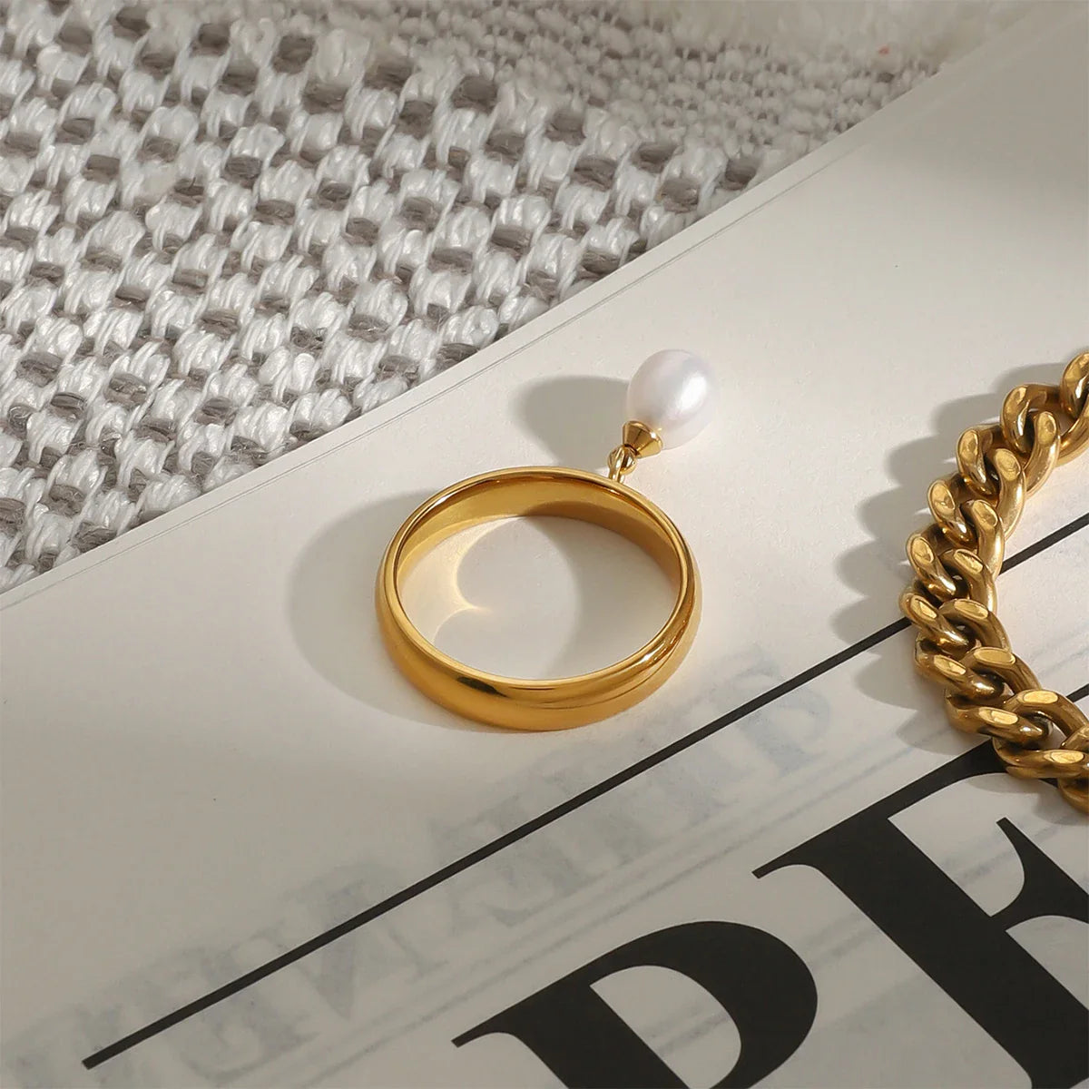 Gold Pearl Drop Ring